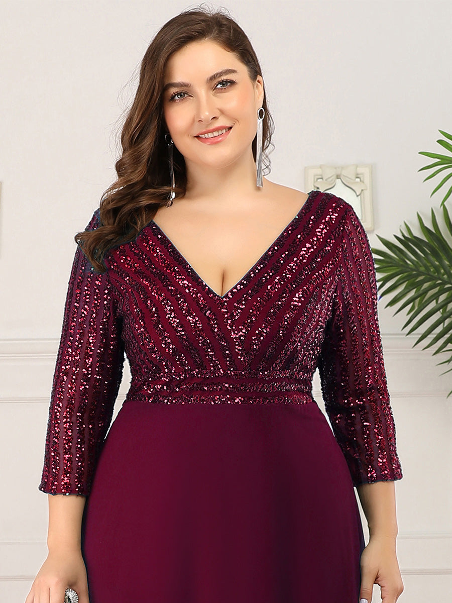 Patchwork Chiffon Sequin A-Line Evening Dress #color_Burgundy
