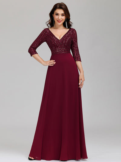 Patchwork Chiffon Sequin A-Line Evening Dress #color_Burgundy