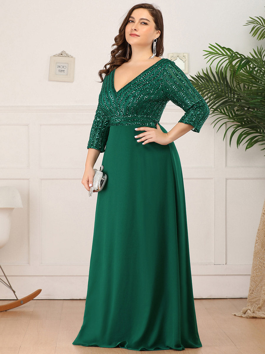 Plus Size Patchwork Chiffon Sequin V-Neck Evening Dress With Sleeve #color_Dark Green