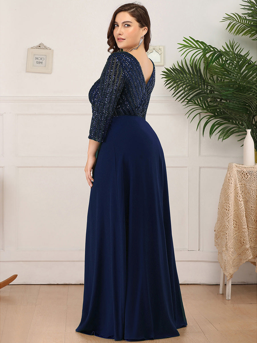Plus Size Patchwork Chiffon Sequin V-Neck Evening Dress With Sleeve #color_Navy Blue