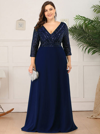 Plus Size Patchwork Chiffon Sequin V-Neck Evening Dress With Sleeve #color_Navy Blue