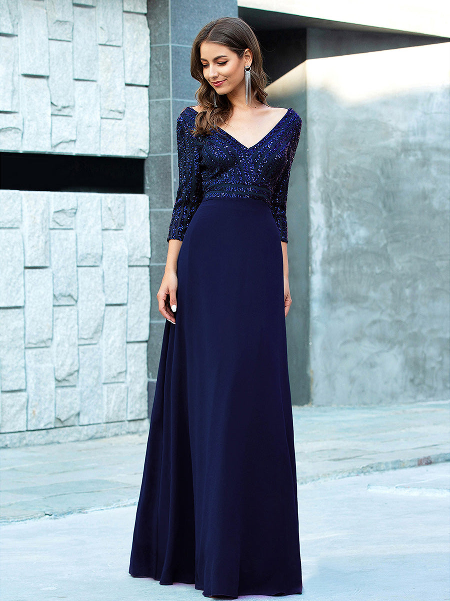 Patchwork Chiffon Sequin A-Line Evening Dress #color_Navy Blue