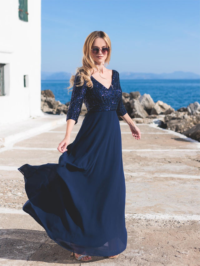 ever LUENA|Sexy V Neck Sequin Evening Dresses with 3/4 Sleeve Fan Photos 2
