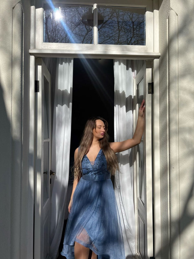 pretty SASHIA|Plus Size Sequin High-Low Deep V Neck Tulle Evening Dresses Fan Photos 4
