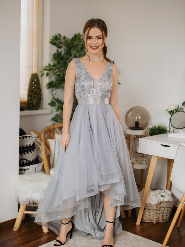 pretty SASHIA|Plus Size Sequin High-Low Deep V Neck Tulle Evening Dresses Fan Photos 7
