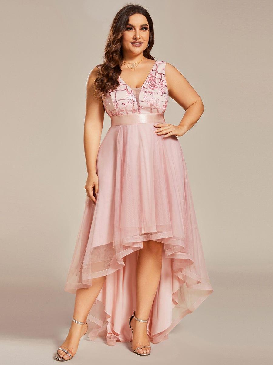 Fashion High-Low Deep V Neck Tulle Prom Dresses with Sequin Appliques #color_Pink