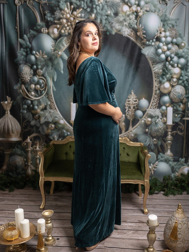 ever REINE|Elegant Double V Neck Velvet Evening Dress with Sleeves Fan Photos 6
