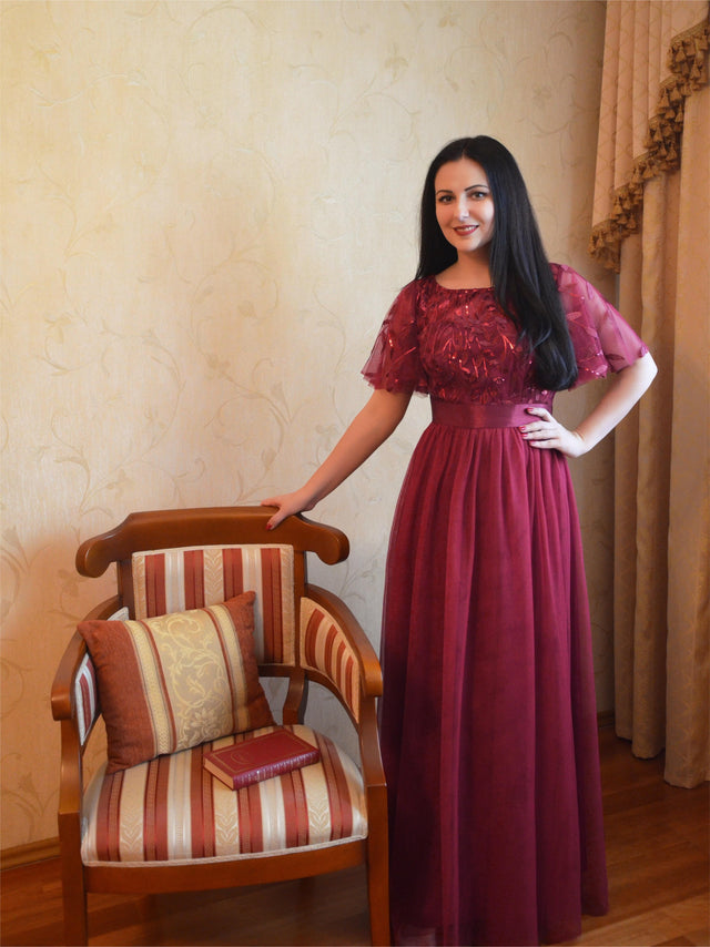 ever SAPHIR|Women's A-Line Sequin Leaf Maxi Prom Dress with Sleeves Fan Photos 7
