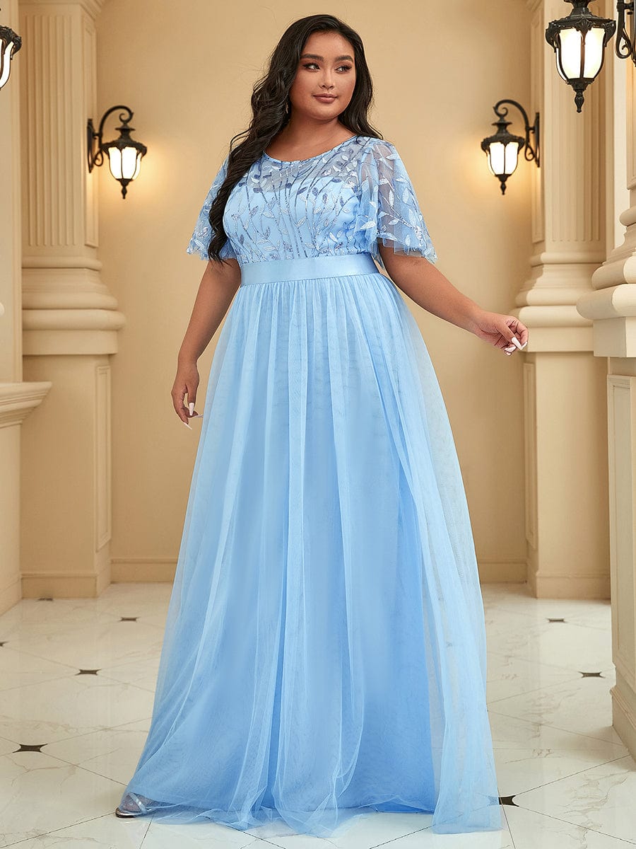 Plus Size Sequin Bodice Long Formal Evening Dresses #color_Sky Blue