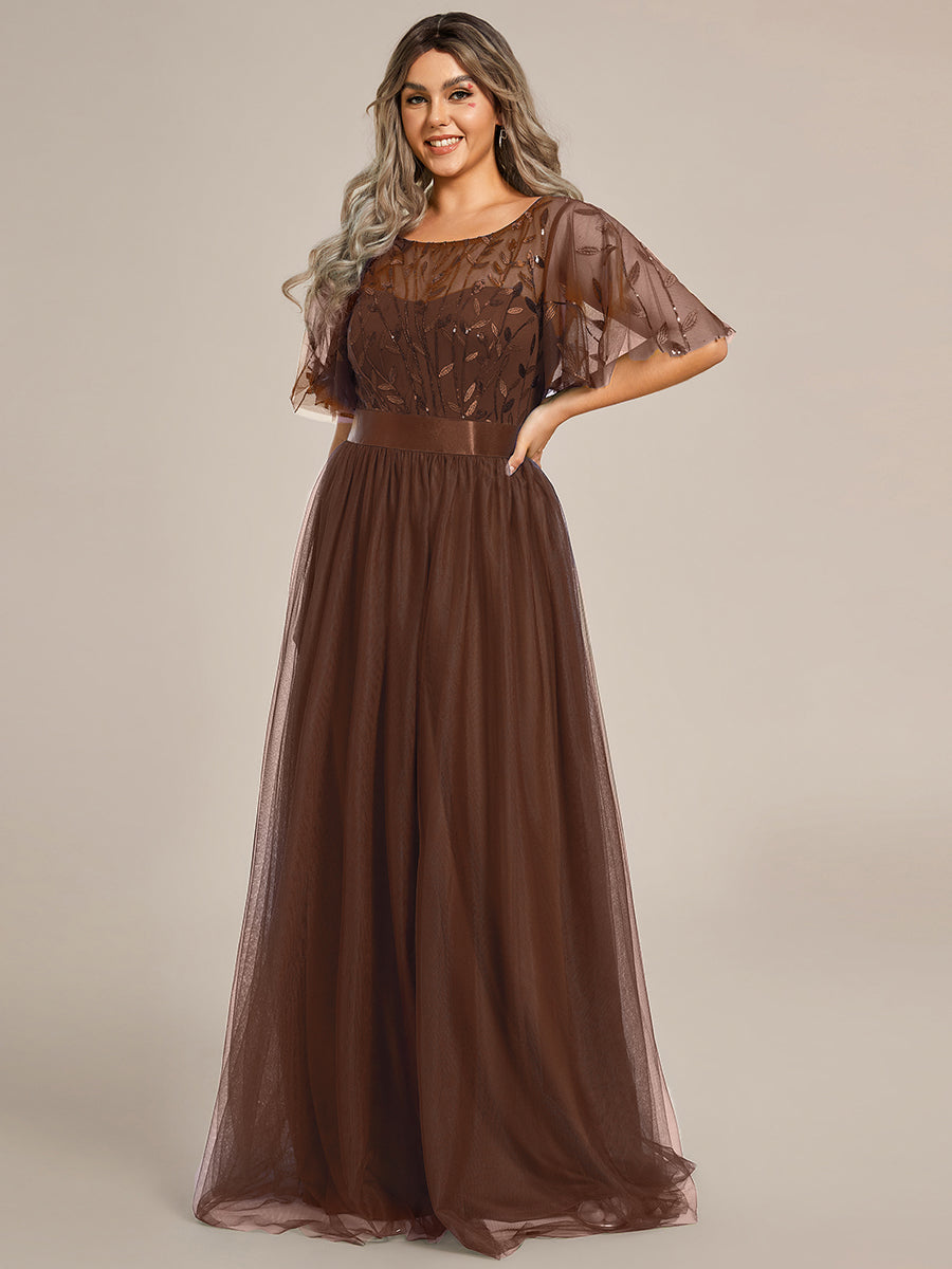 Women's A-Line Short Sleeve Embroidery Floor Length Evening Dresses #color_Brown