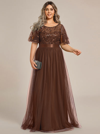 Plus Size Women's Embroidery Evening Dresses with Short Sleeve #color_Brown