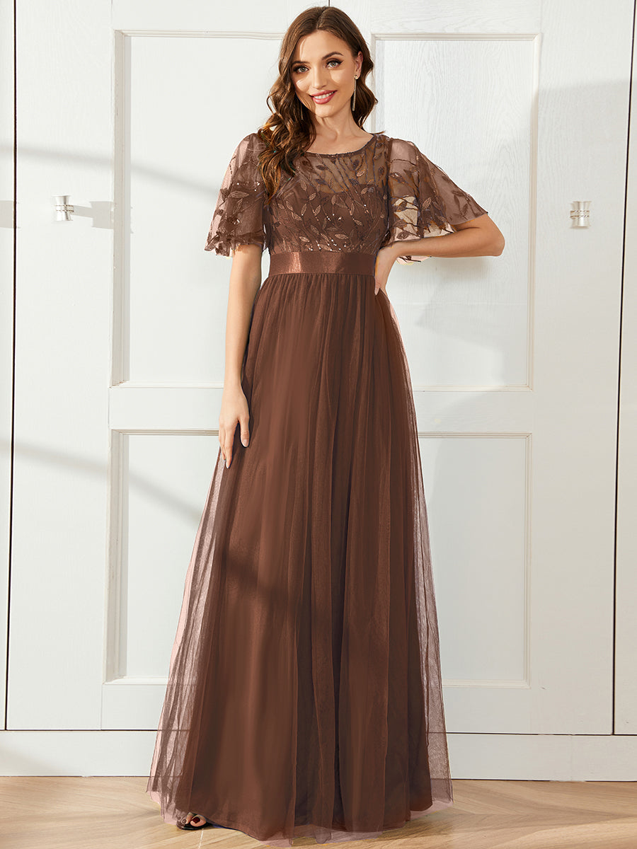 Women's A-Line Short Sleeve Embroidery Floor Length Evening Dresses #color_Brown