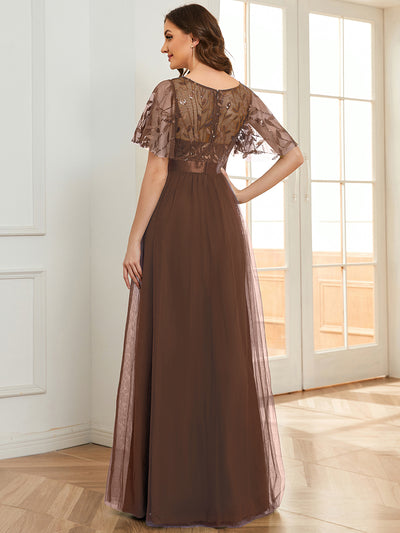 Women's A-Line Short Sleeve Embroidery Floor Length Evening Dresses #color_Brown
