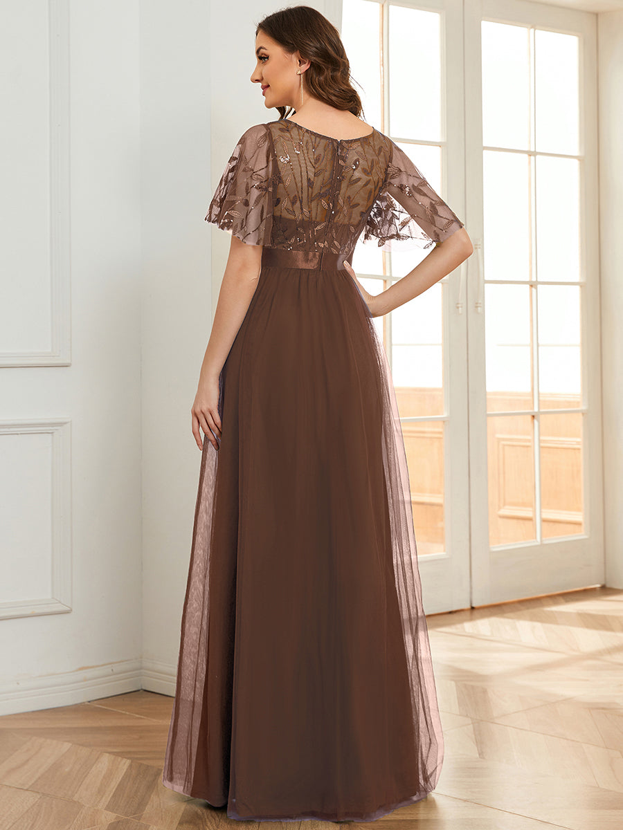 Women's A-Line Short Sleeve Embroidery Floor Length Evening Dresses #color_Brown