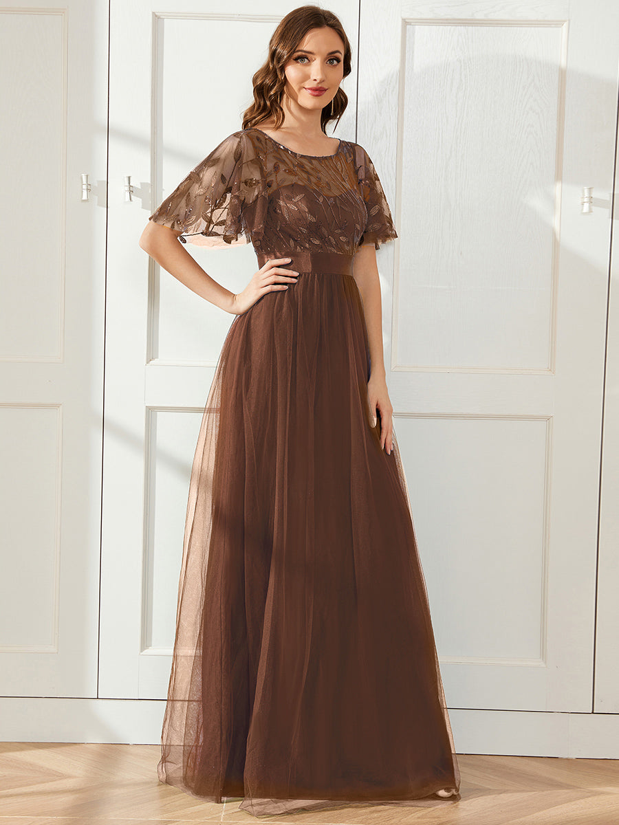 Women's A-Line Short Sleeve Embroidery Floor Length Evening Dresses #color_Brown