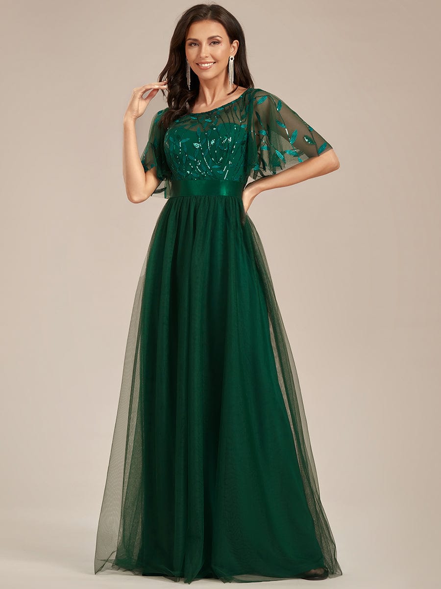 Women's A-Line Sequin Leaf Maxi Prom Dress with Sleeves #color_Dark Green