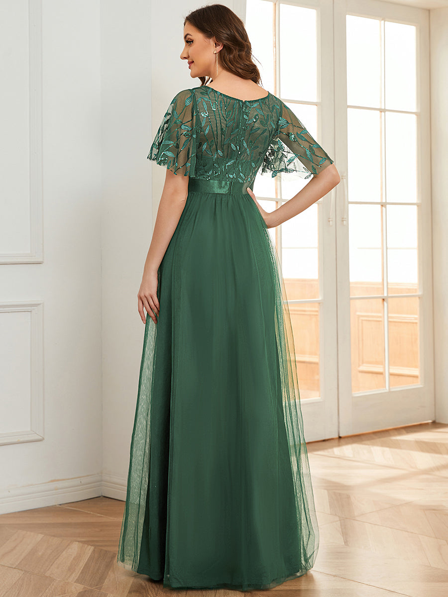 Women's A-Line Sequin Leaf Maxi Prom Dress with Sleeves #color_Eucalyptus