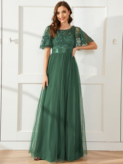ever SAPHIR|Women's A-Line Sequin Leaf Maxi Prom Dress with Sleeves
