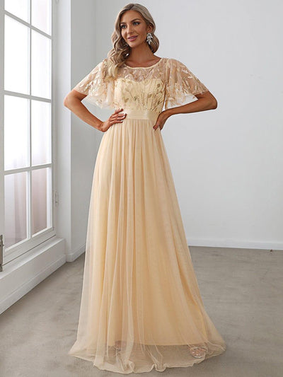 Women's A-Line Sequin Leaf Maxi Prom Dress with Sleeves #color_Gold