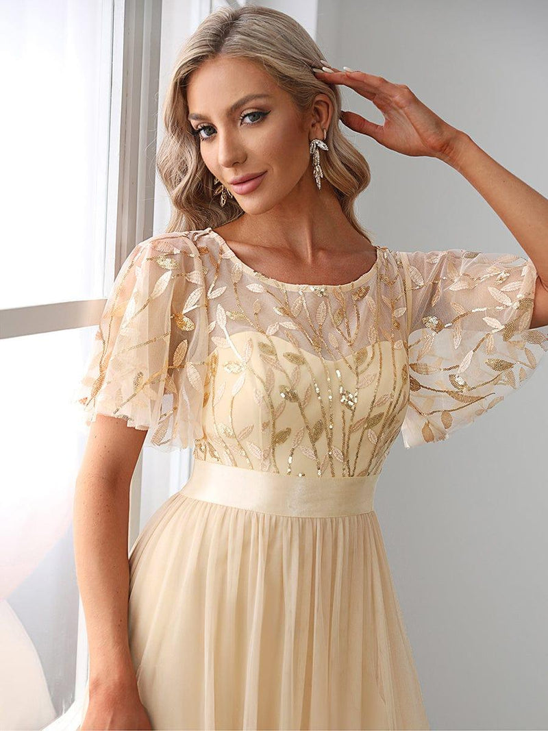 Women's A-Line Sequin Leaf Maxi Prom Dress with Sleeves main image 0
