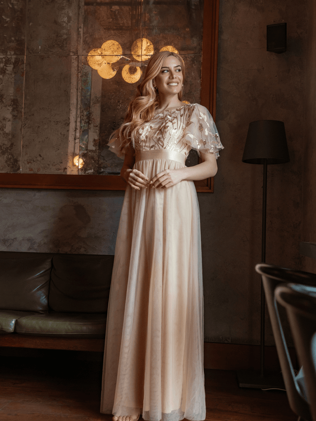 ever SAPHIR|Women's A-Line Sequin Leaf Maxi Prom Dress with Sleeves Fan Photos 1

