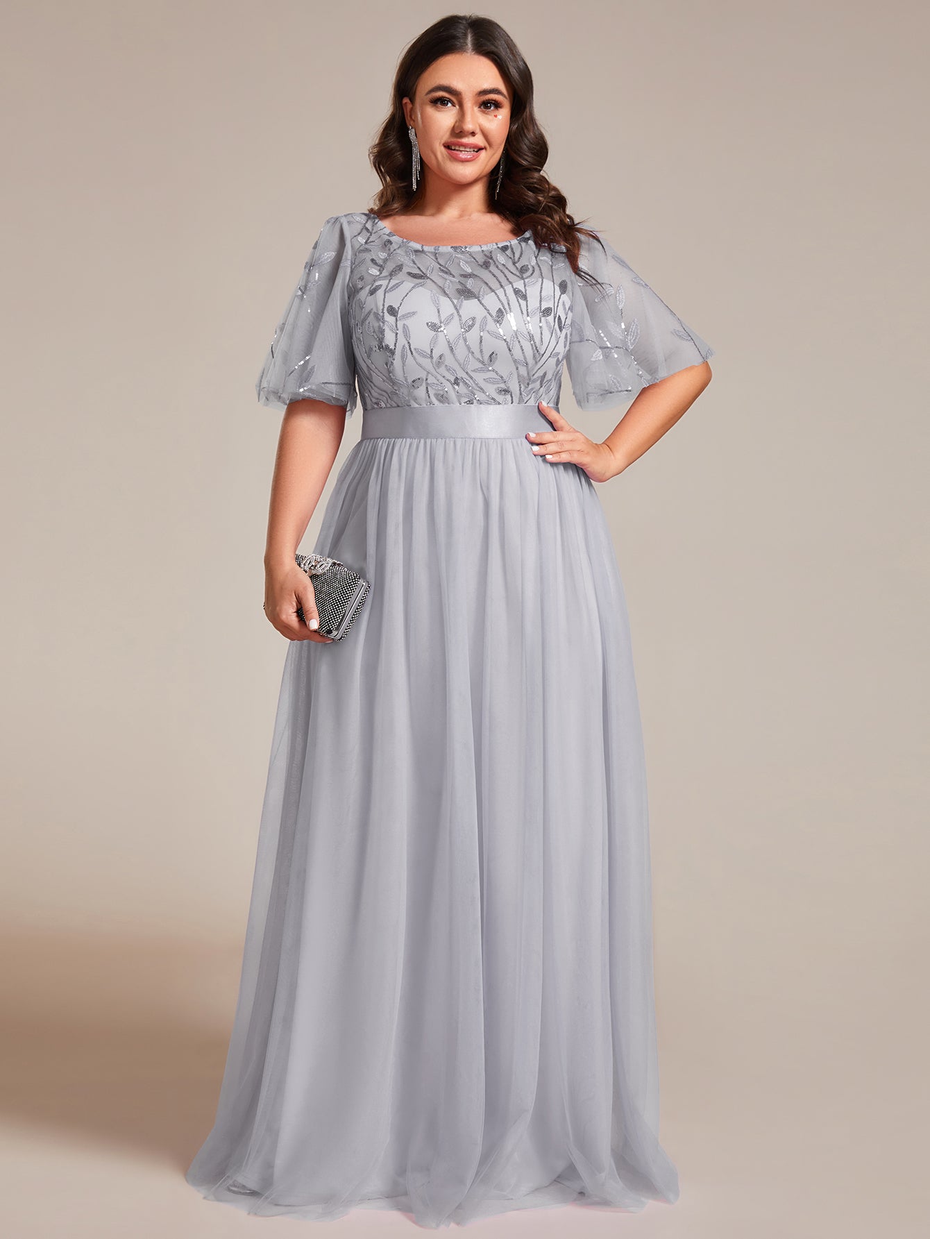 Plus Size Women's Embroidery Evening Dresses with Short Sleeve #color_Grey 