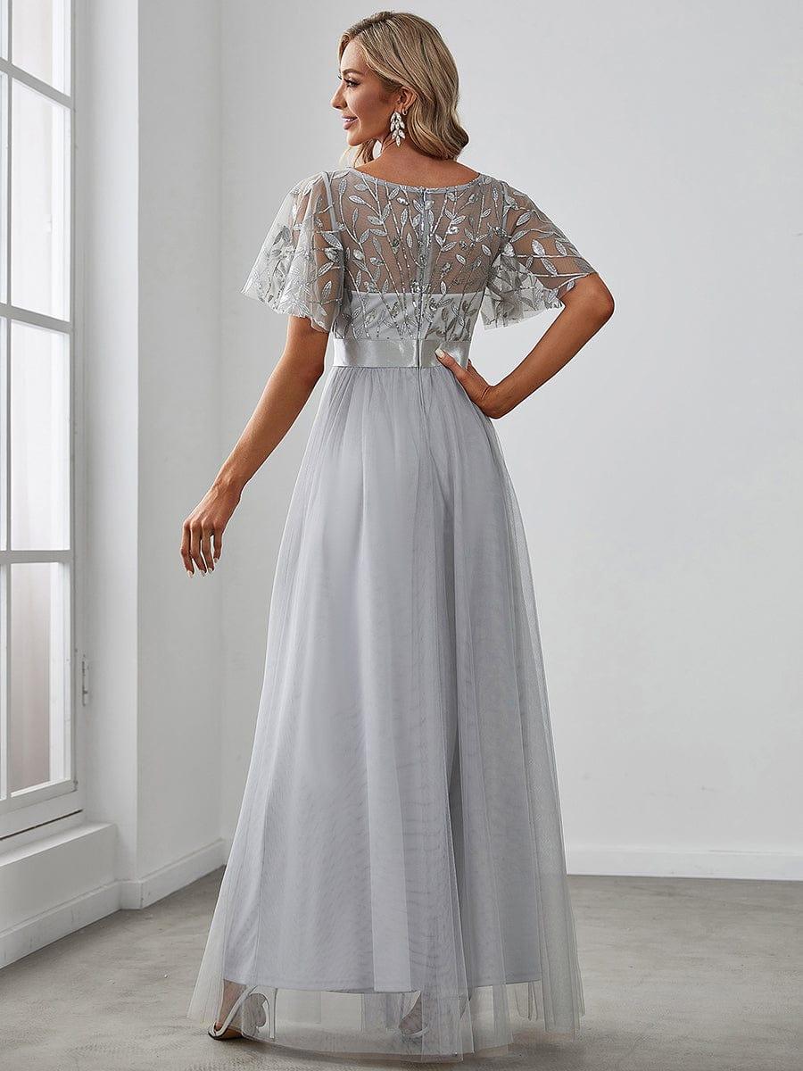 Women's A-Line Sequin Leaf Maxi Prom Dress with Sleeves #color_Grey