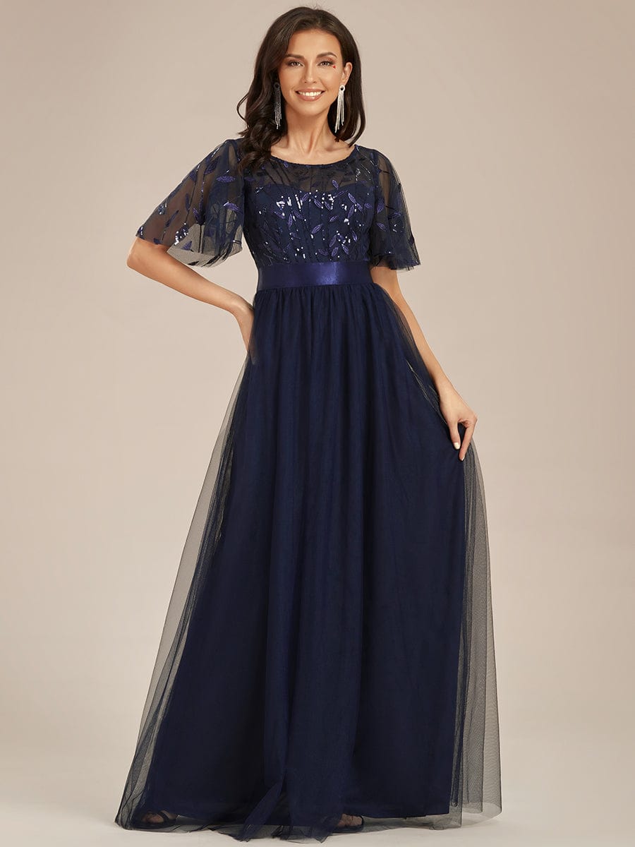 Women's A-Line Sequin Leaf Maxi Prom Dress with Sleeves #color_Navy Blue