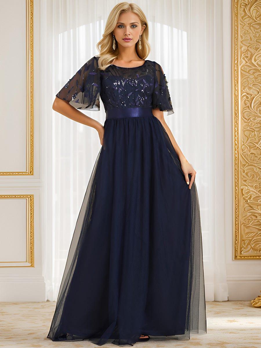 Women's A-Line Sequin Leaf Maxi Prom Dress with Sleeves #color_Navy Blue