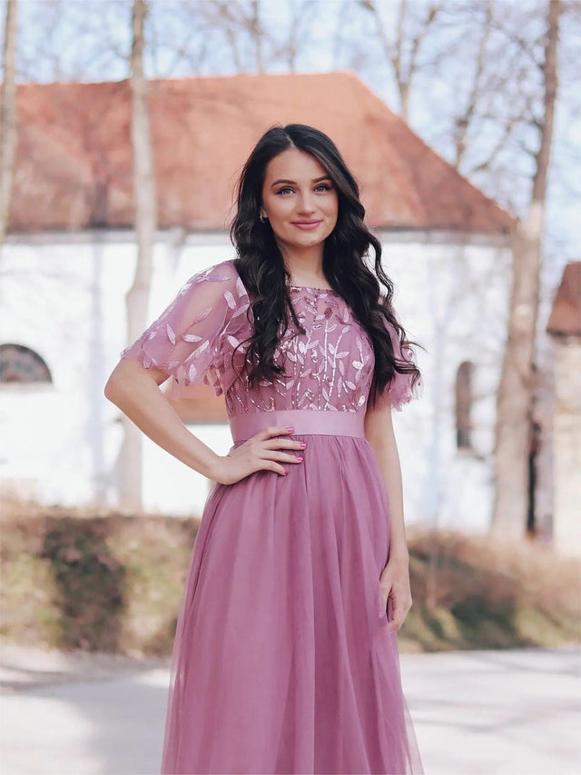 ever SAPHIR|Women's A-Line Sequin Leaf Maxi Prom Dress with Sleeves Fan Photos 9
