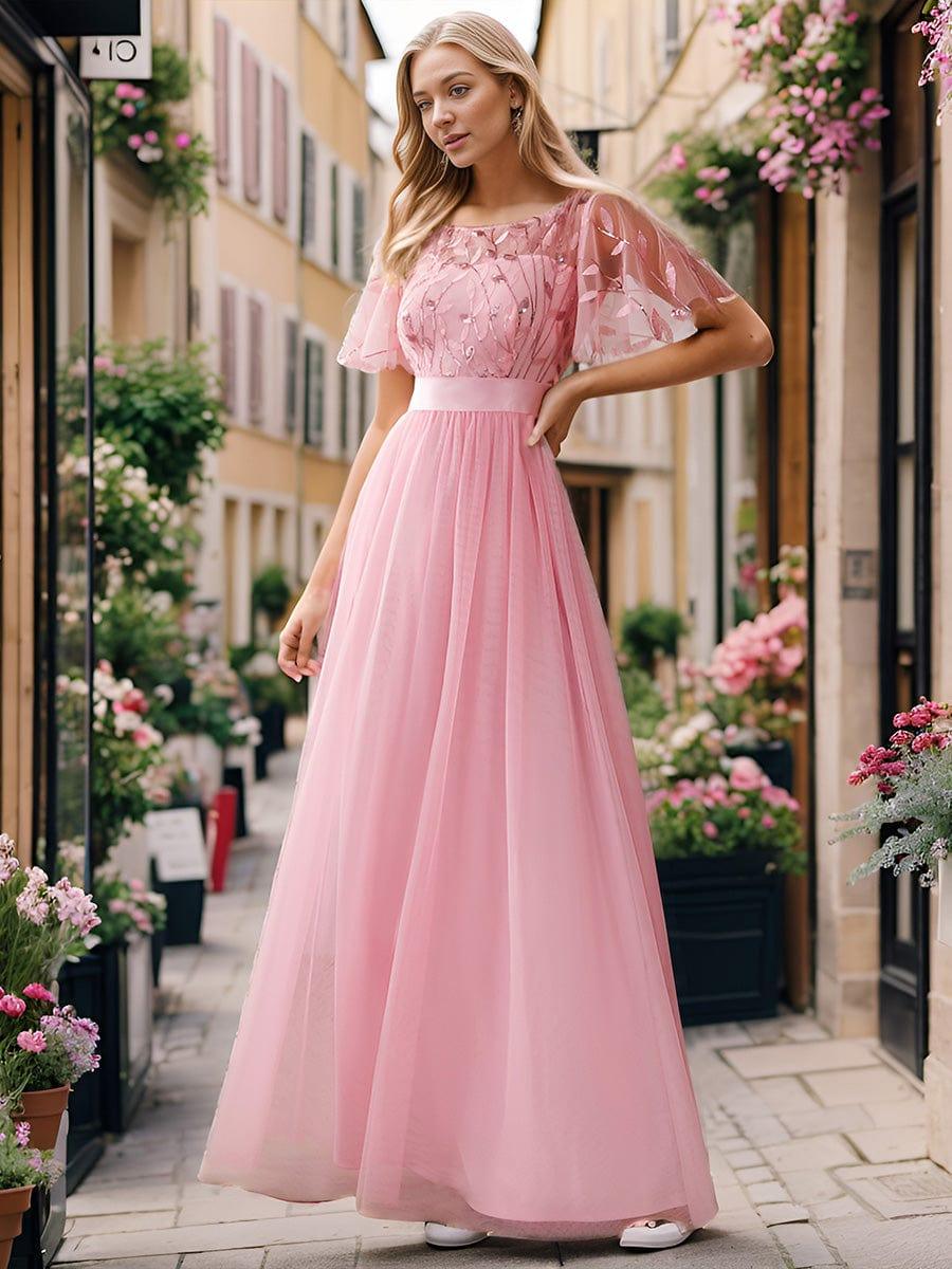 Women's A-Line Short Sleeve Embroidery Floor Length Evening Dresses #color_Pink