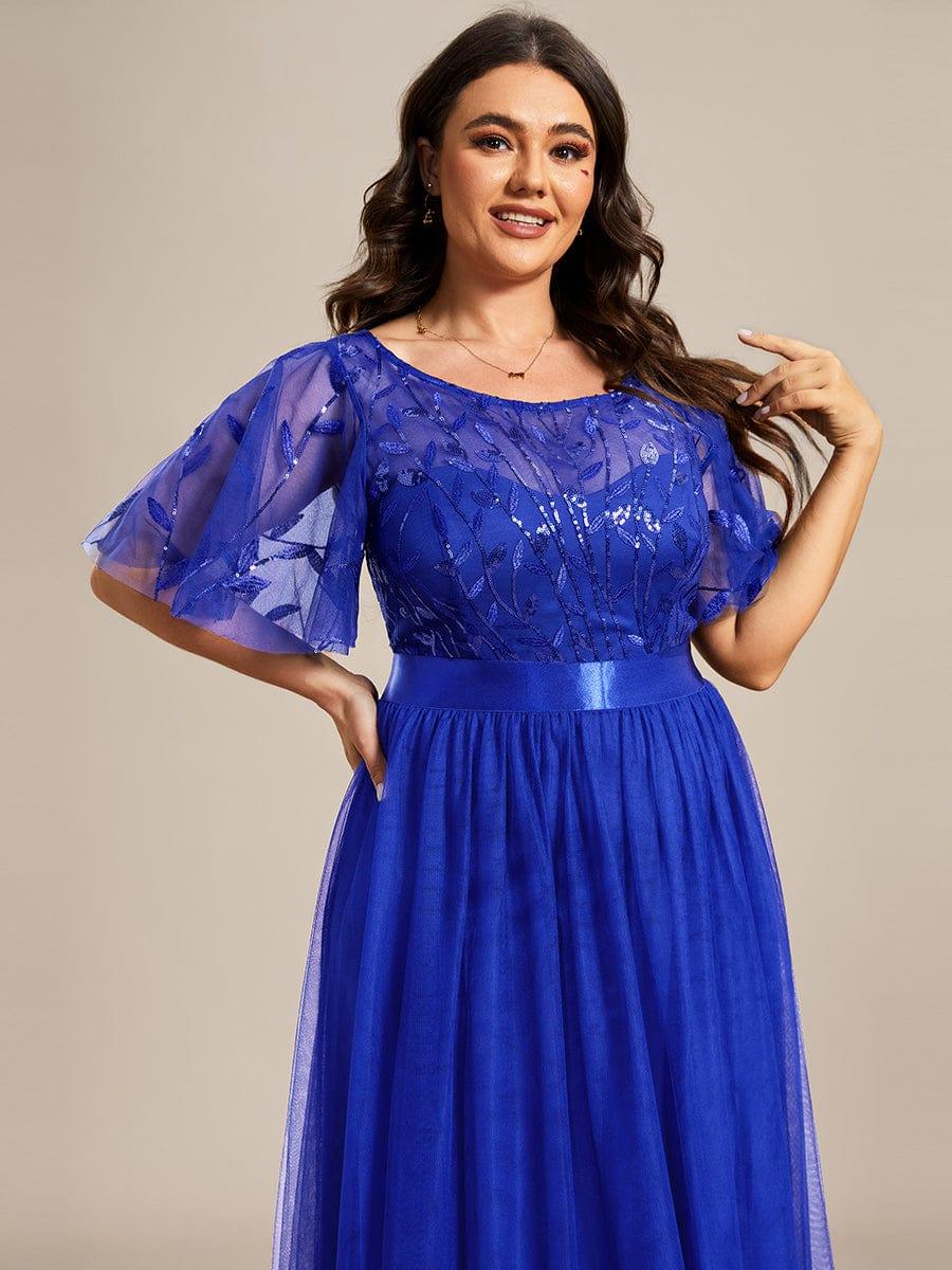 Women's A-Line Sequin Leaf Maxi Prom Dress with Sleeves #color_Sapphire Blue