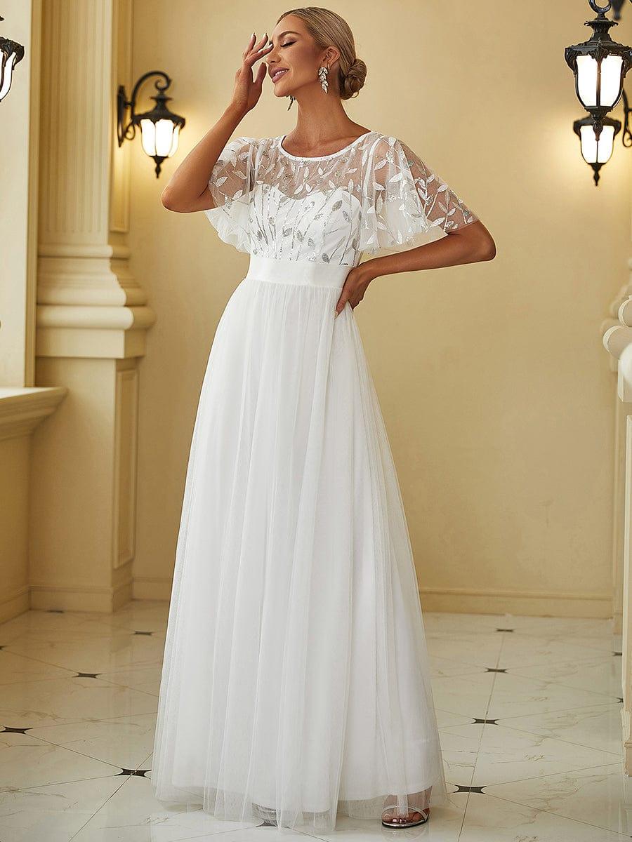 Women's A-Line Sequin Leaf Maxi Prom Dress with Sleeves #color_White