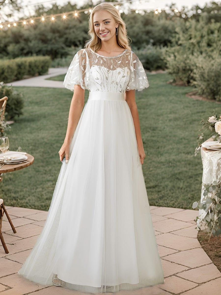 Women's A-Line Short Sleeve Embroidery Floor Length Evening Dresses #color_White