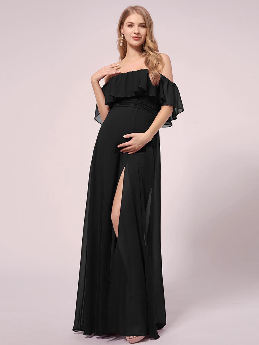 Maxi Chiffon Off the Shoulder Ruffled Maternity Evening Dress #color_Black