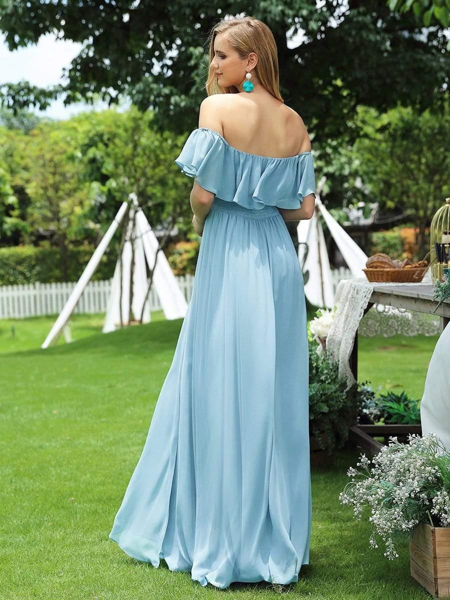 Off the Shoulder Ruffle Bodice Long Flowy Chiffon Bridesmaid Dress #color_Sky Blue