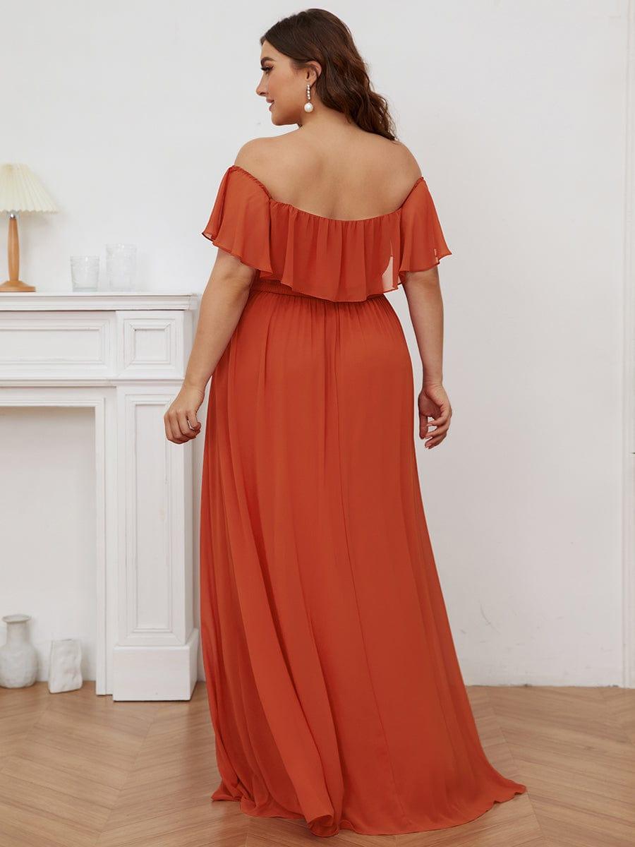 Women's Off Shoulder Ruffle Thigh Split Bridesmaid Dresses #color_Burnt Orange 