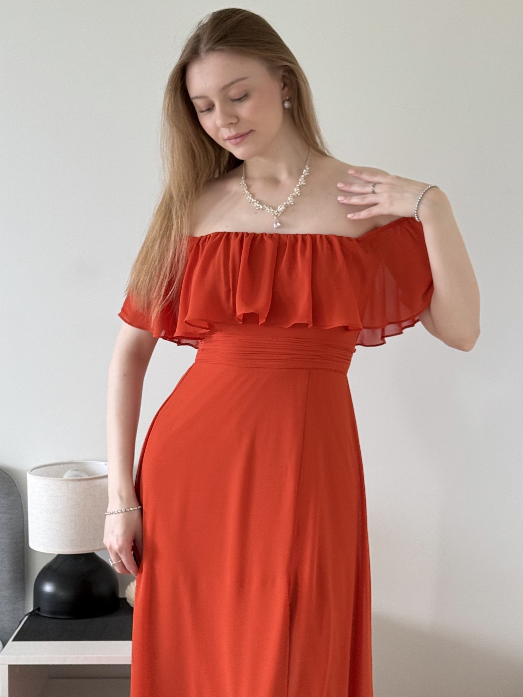 Off the Shoulder Ruffle Bodice Long Flowy Chiffon Bridesmaid Dress #color_Burnt Orange 