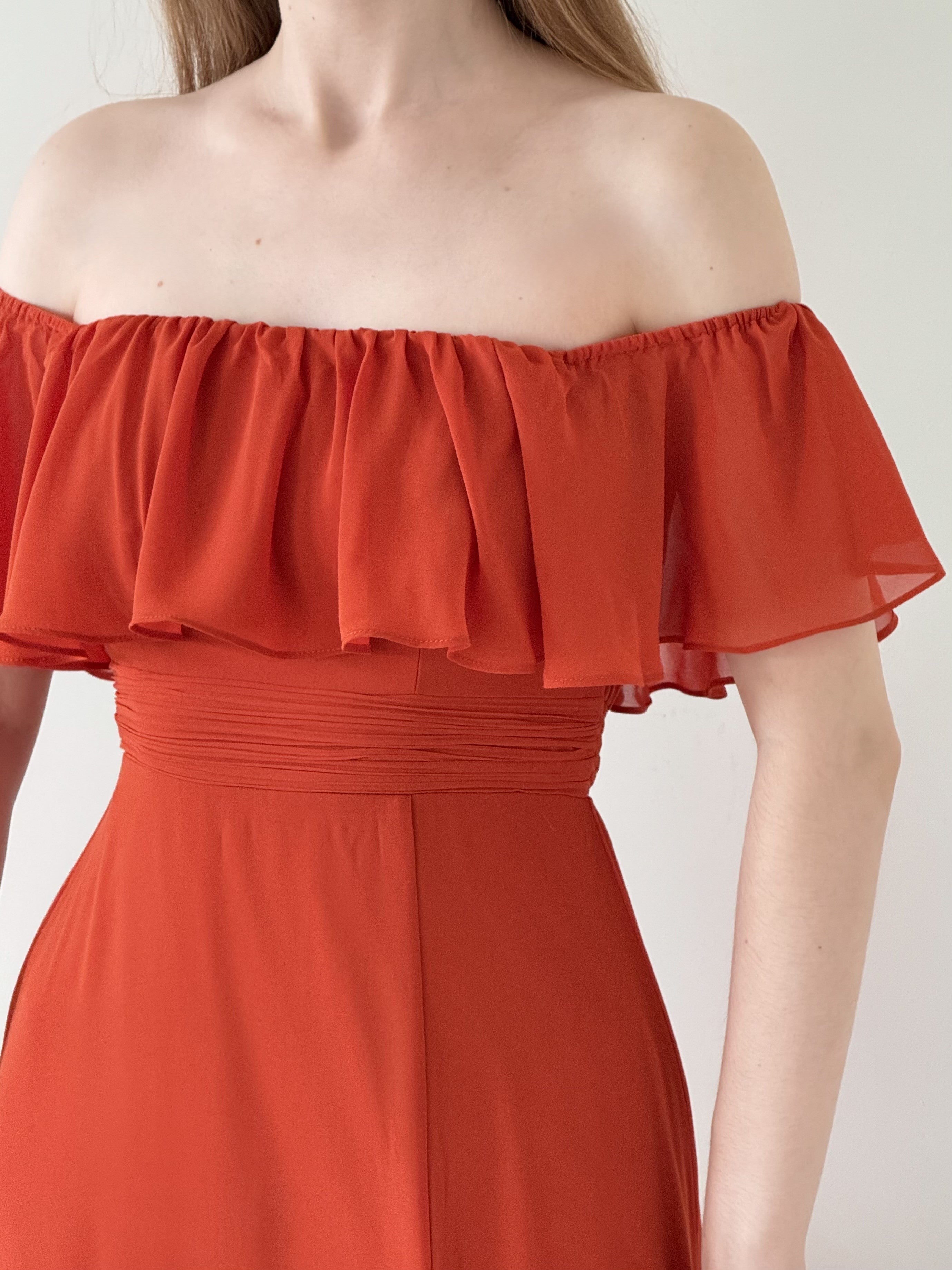 Off the Shoulder Ruffle Bodice Long Flowy Chiffon Bridesmaid Dress #color_Burnt Orange 
