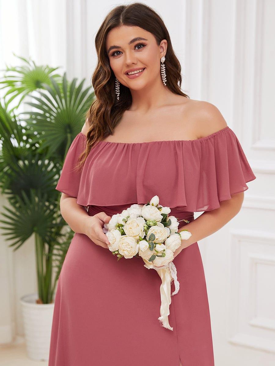 Women's Off Shoulder Ruffle Thigh Split Bridesmaid Dresses #color_Cameo Brown