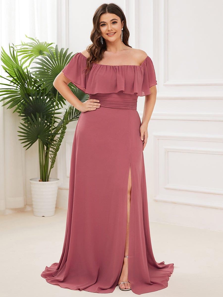 Women's Off Shoulder Ruffle Thigh Split Bridesmaid Dresses #color_Cameo Brown