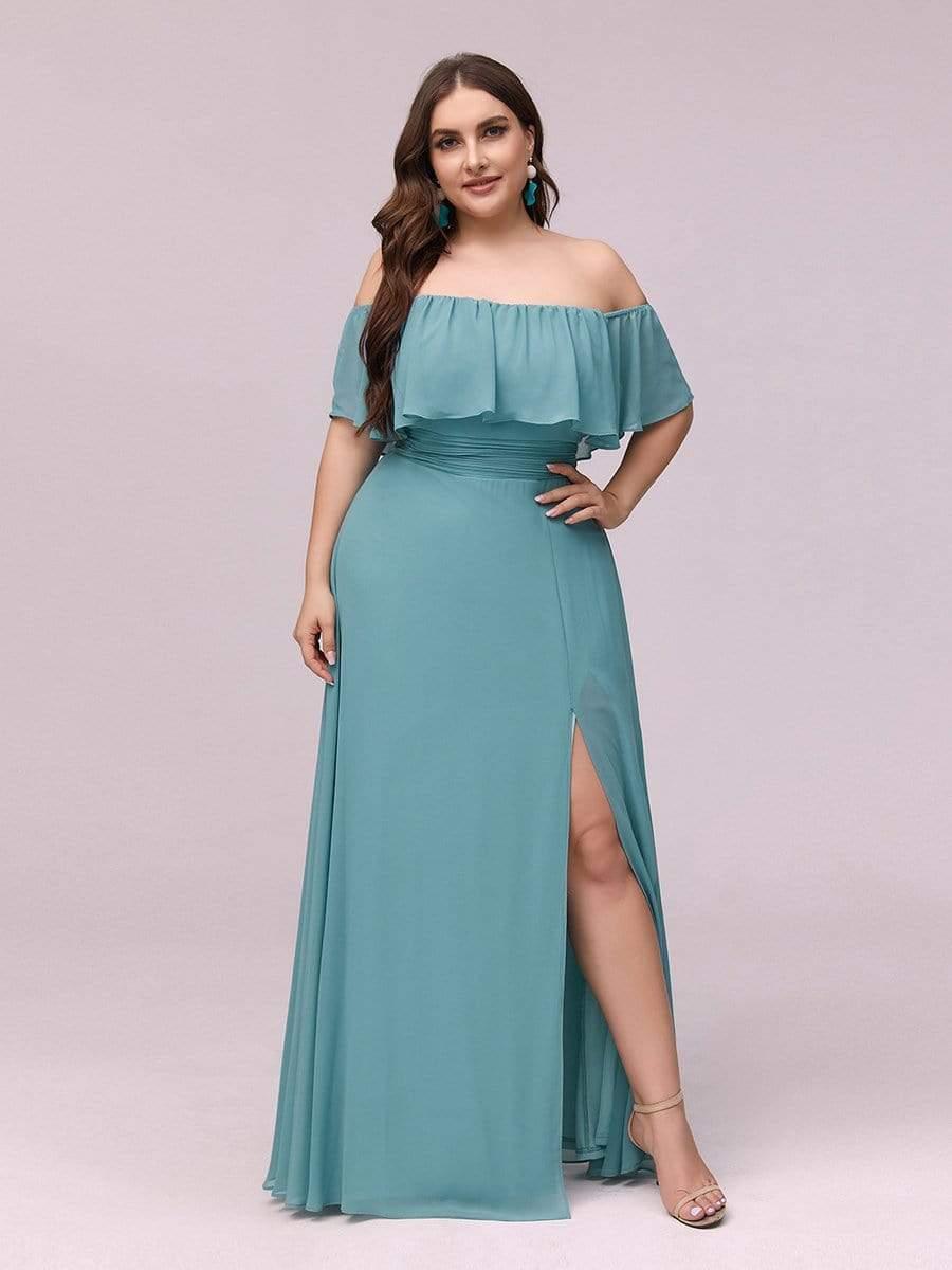Women's Off Shoulder Ruffle Thigh Split Bridesmaid Dresses #color_Light Teal