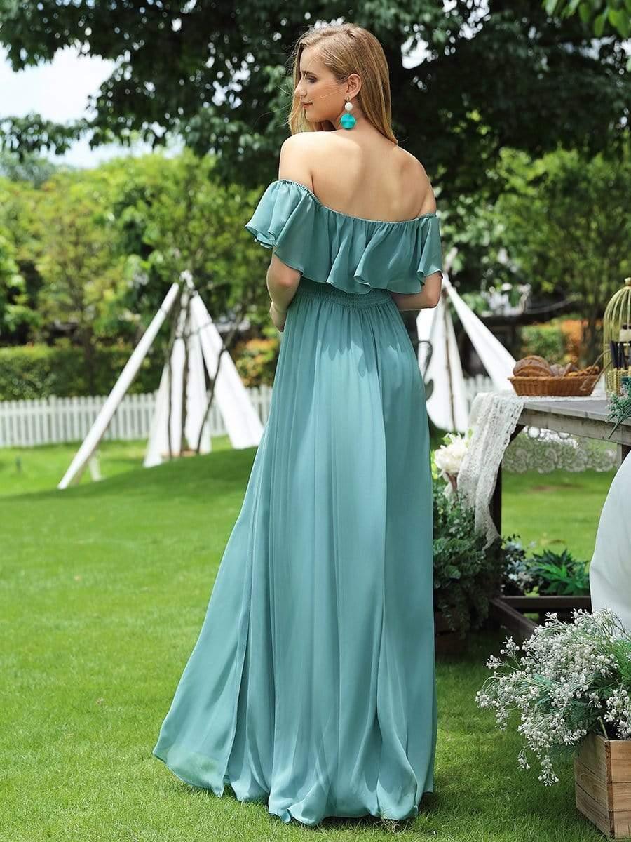 Women's Off Shoulder Ruffle Thigh Split Bridesmaid Dresses #color_Light Teal