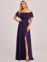 Women's Off Shoulder Ruffle Thigh Split Bridesmaid Dresses #Color_Dark Purple