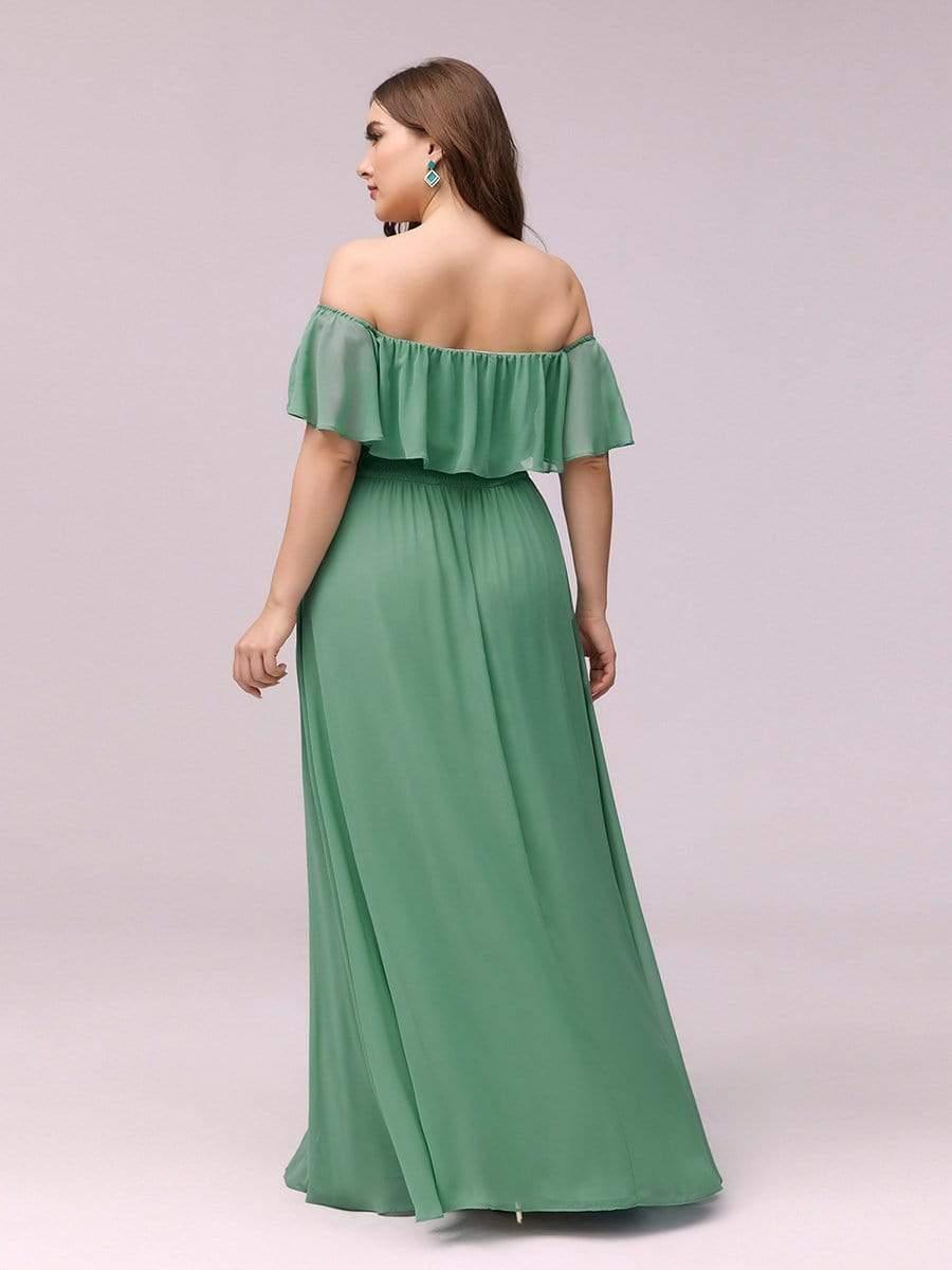 Women's Off Shoulder Ruffle Thigh Split Bridesmaid Dresses #color_Green Bean 