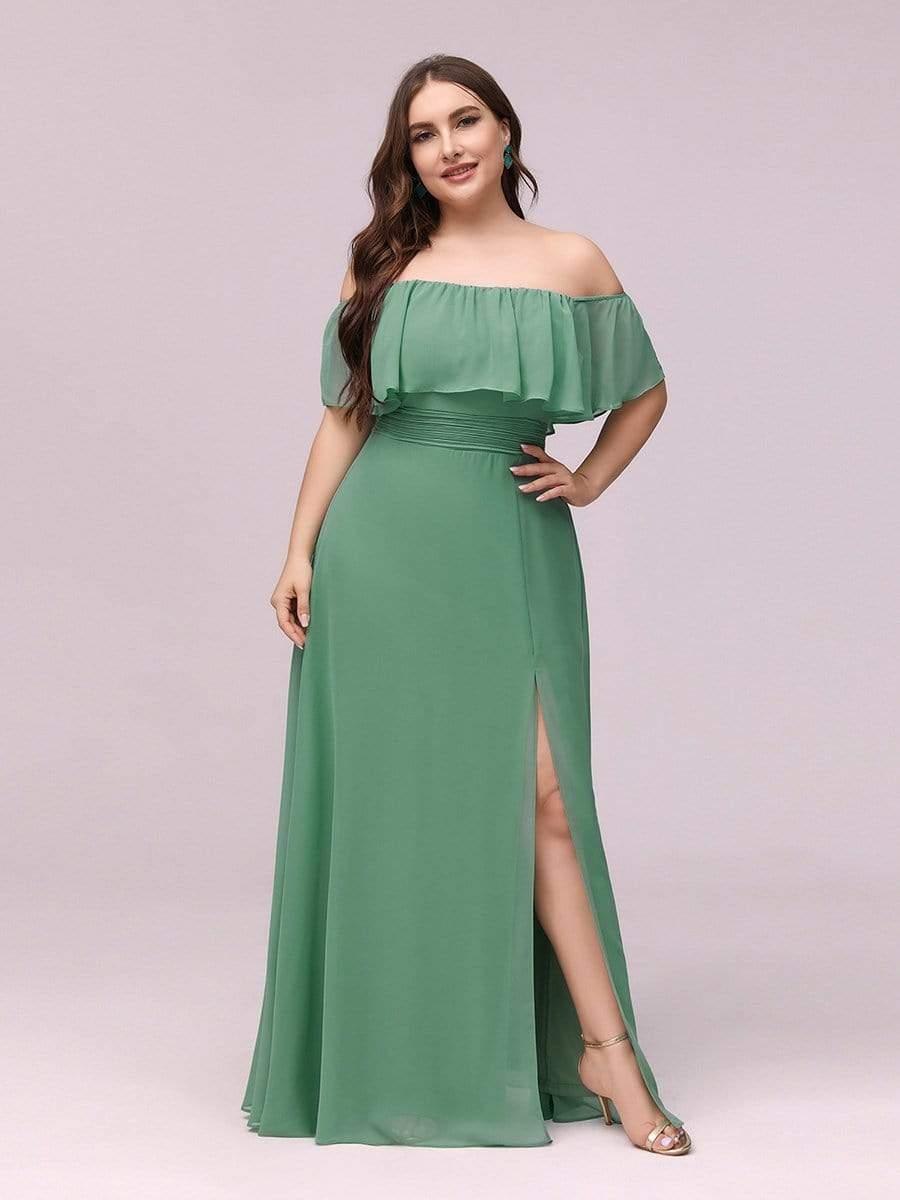 Women's Off Shoulder Ruffle Thigh Split Bridesmaid Dresses #color_Green Bean 