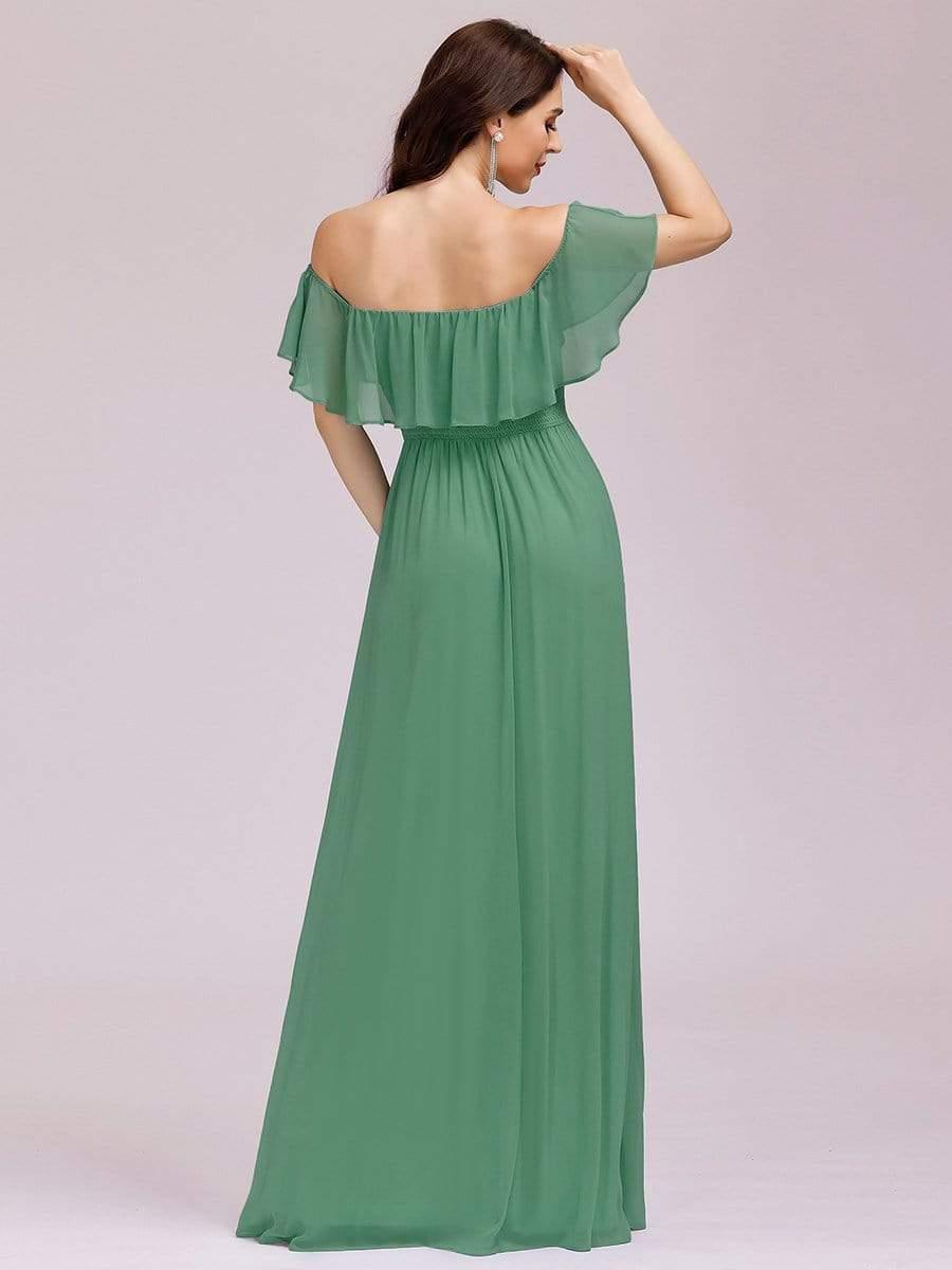 Women's Off Shoulder Ruffle Thigh Split Bridesmaid Dresses #color_Green Bean 