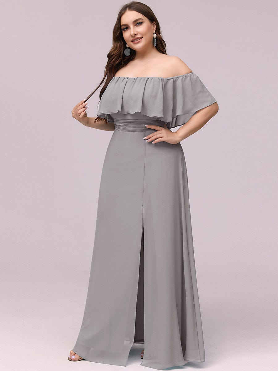 Plus Size Off the Shoulder Formal Bridesmaid Dress with Thigh Split #color_Grey 