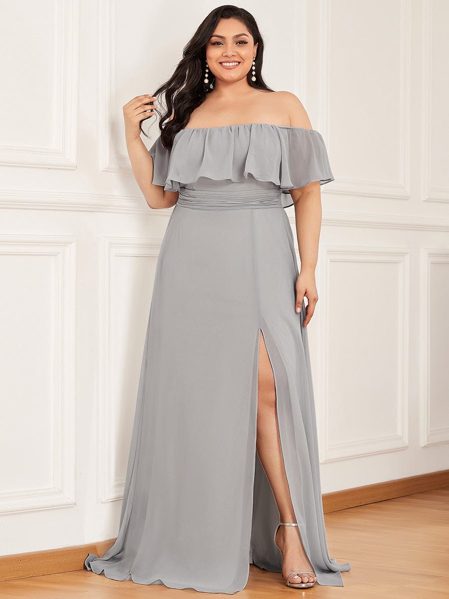 Women's Off Shoulder Ruffle Thigh Split Bridesmaid Dresses #color_Grey