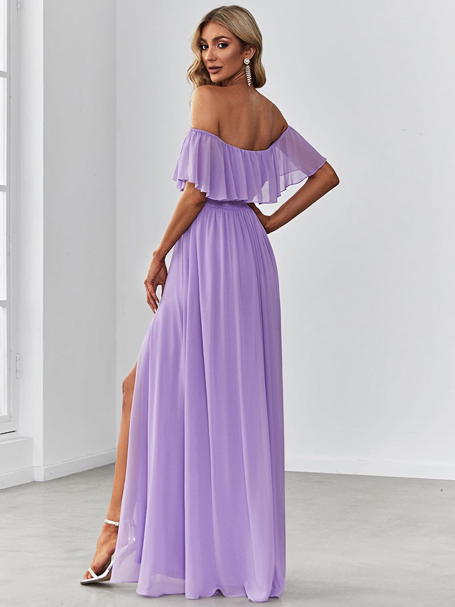 Women's Off Shoulder Ruffle Thigh Split Bridesmaid Dresses #color_Lavender 